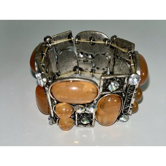 Vintage Look Cuff  Bracelet. Pinkish Stones‎ & Rhinestones. Stretch cuff. - Picture 2 of 7